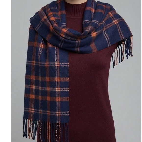 Style & Co. Accessories - Style & Co Navy Orange Plaid Oblong Wrap Scarf with Fringe NWT